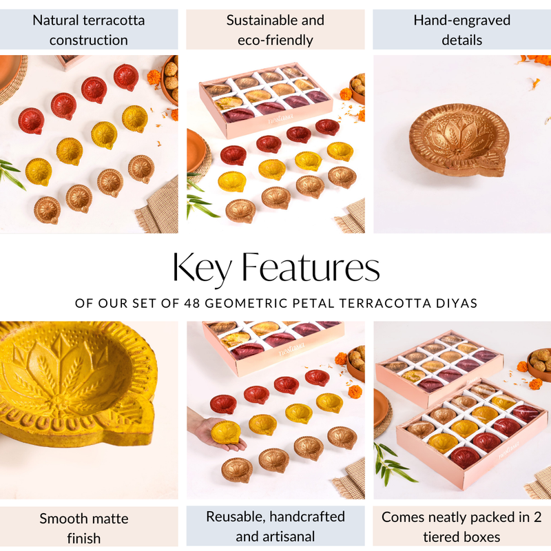 Set Of 48 Geometric Petal Terracotta Diyas