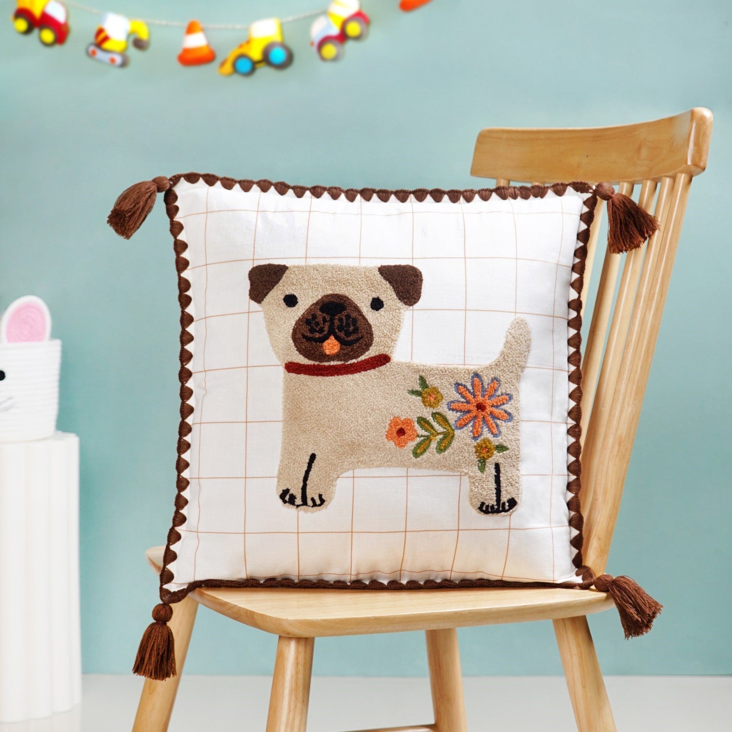 Dog Embroidered Cotton Cushion Cover With Tassels 42x42cm