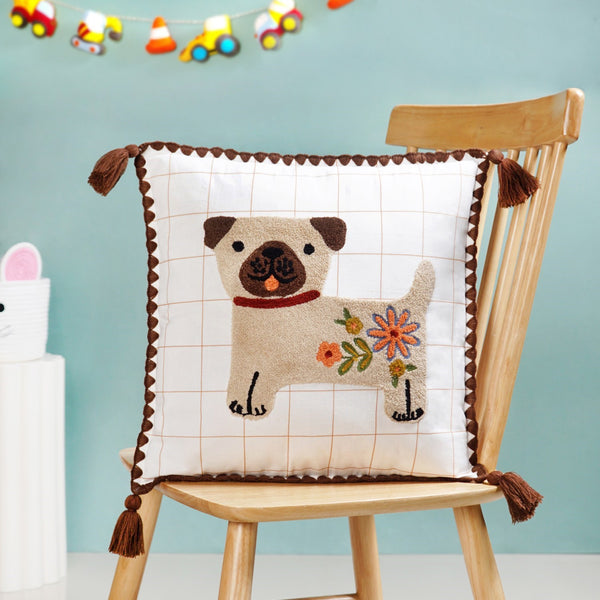 Dog Embroidered Cotton Cushion Cover With Tassels 42x42cm