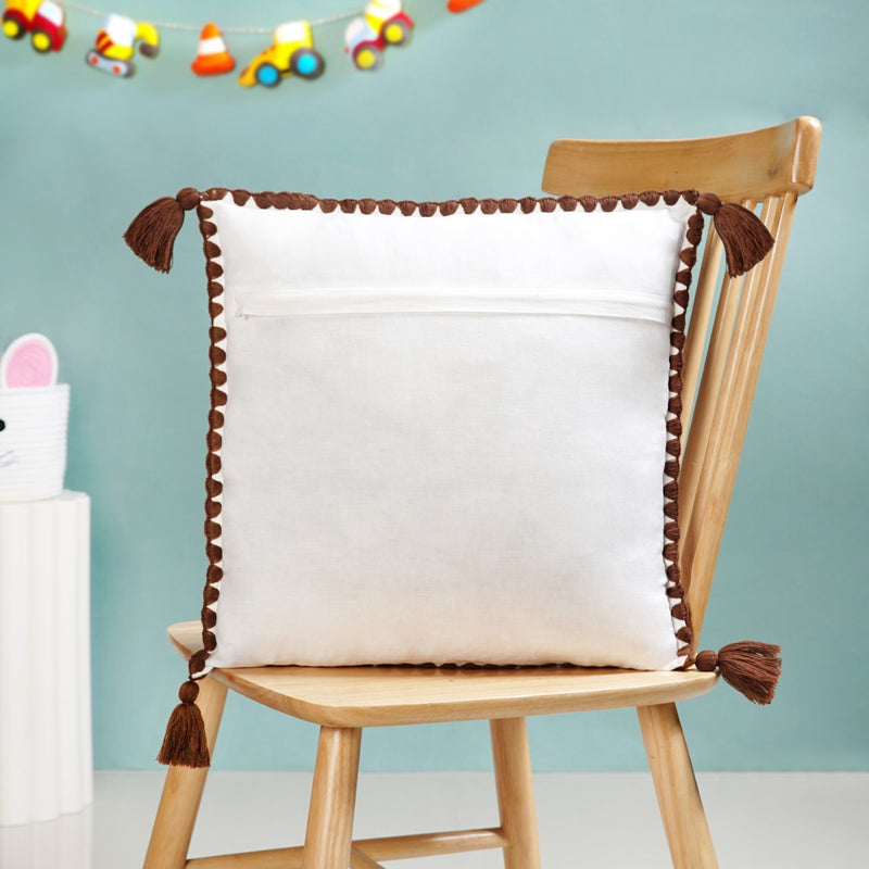 Dog Embroidered Cotton Cushion Cover With Tassels 42x42cm