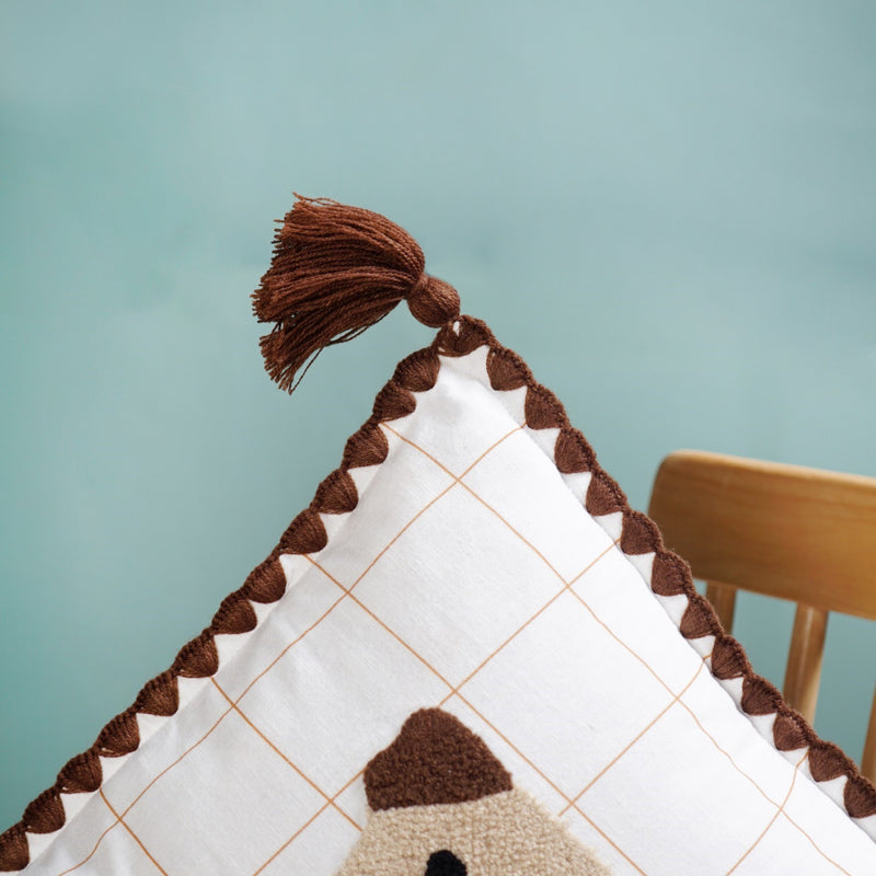 Dog Embroidered Cotton Cushion Cover With Tassels 42x42cm