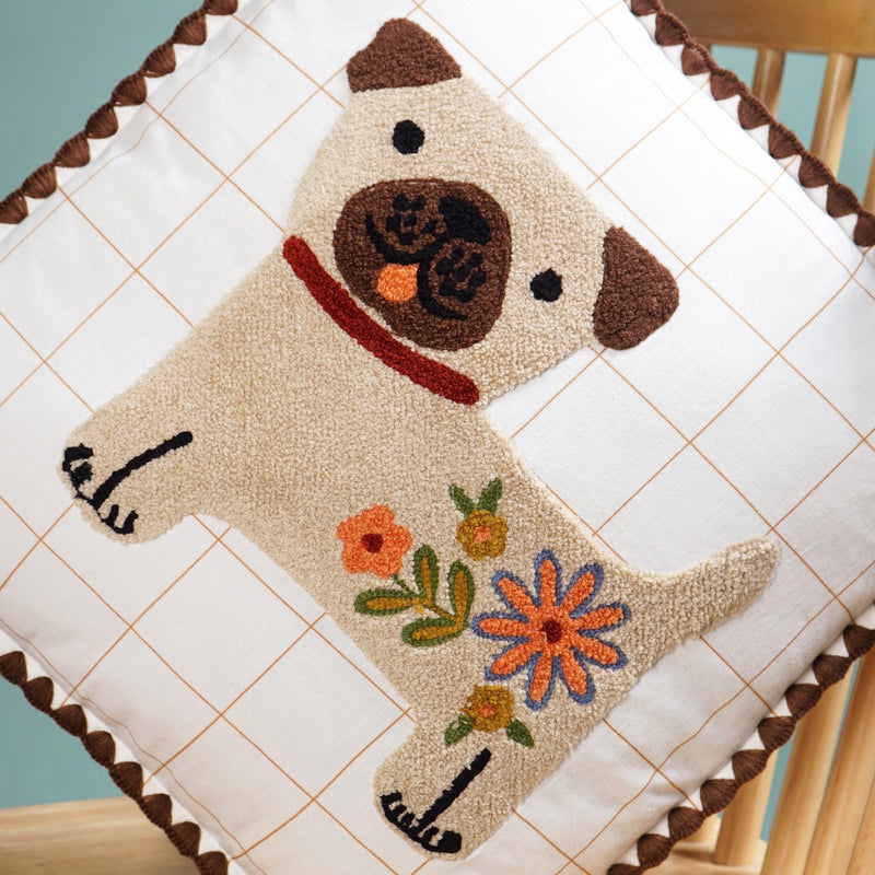 Dog Embroidered Cotton Cushion Cover With Tassels 42x42cm