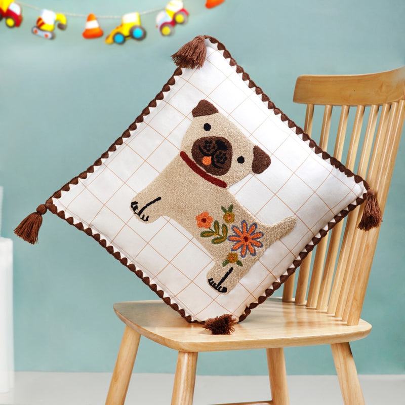 Dog Embroidered Cotton Cushion Cover With Tassels 42x42cm