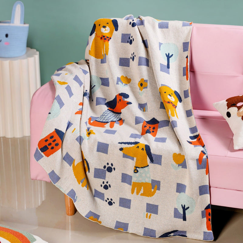 Dog Park Knitted Cotton Throw Blanket For Kids 155x132cm