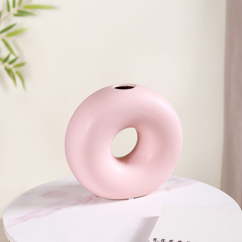 Round Donut Ceramic Vase Pink