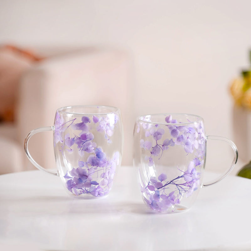 Double Wall Flower Inside Glass Insulated Mug Set Of 2 350ml
