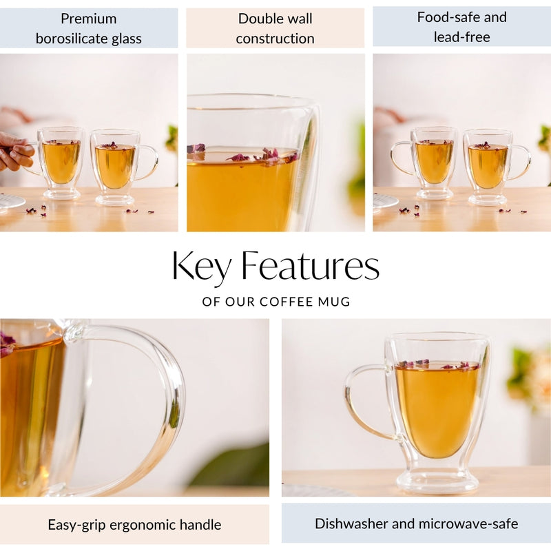 Double Walled Glass Trophy Coffee Mug Set Of 2 350ml