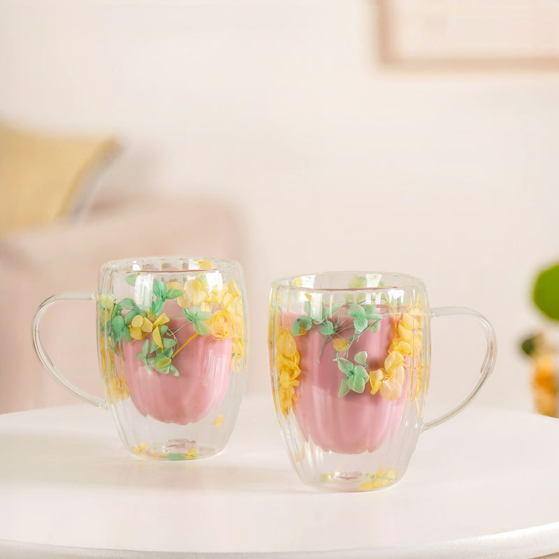 Double Walled Green Flower Mug Set Of 2 350ml