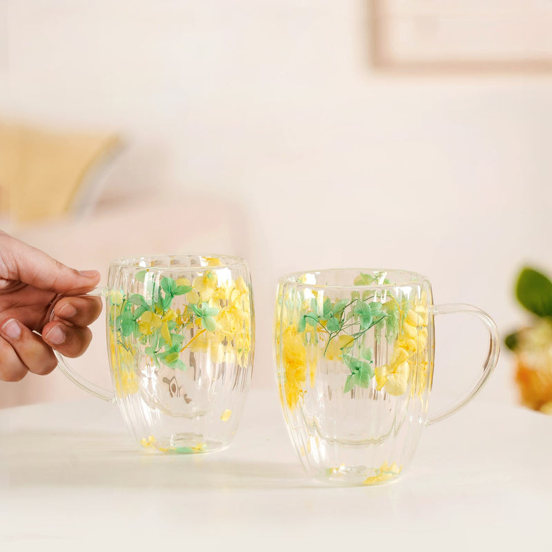 Double Walled Green Flower Mug Set Of 2 350ml