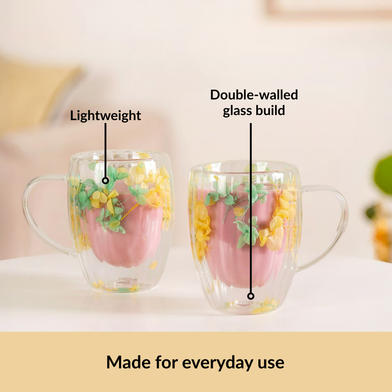 Double Walled Green Flower Mug Set Of 2 350ml