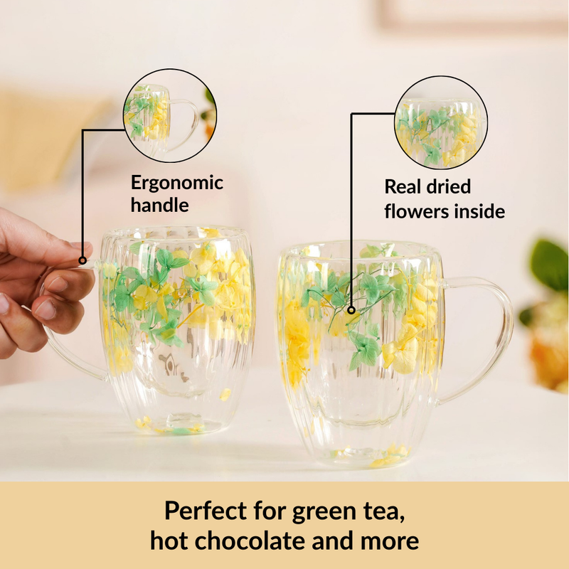 Double Walled Green Flower Mug Set Of 2 350ml