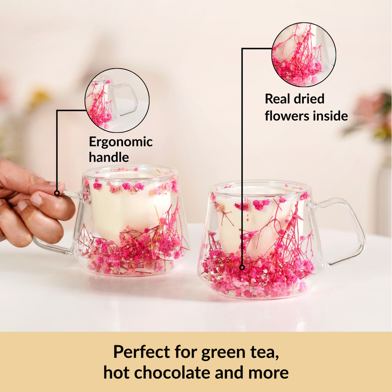 Double Walled Pink Flowers Coffee Mug Set Of 2 180ml