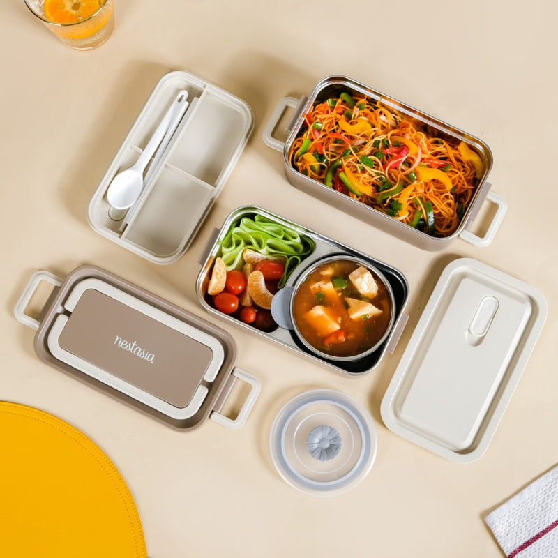 Double Decker Food Container For Office Beige 2000ml