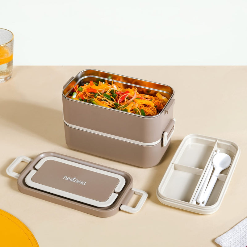 Double Decker Food Container For Office Beige 2000ml