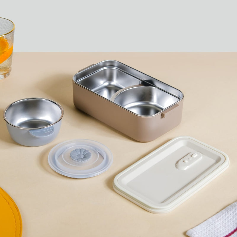 Double Decker Food Container For Office Beige 2000ml