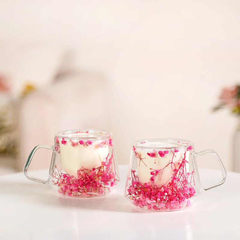 Double Walled Pink Flowers Coffee Mug Set Of 2 180ml