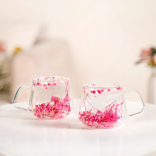 Double Walled Pink Flowers Coffee Mug Set Of 2 180ml