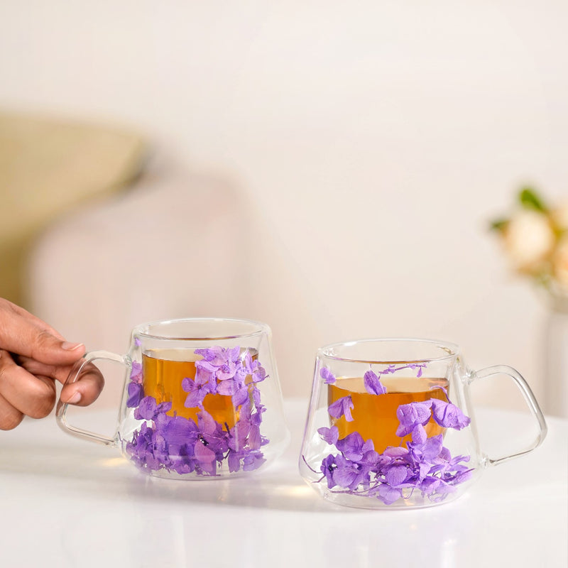 Double Walled Real Flower Coffee Mug Set Of 2 180ml