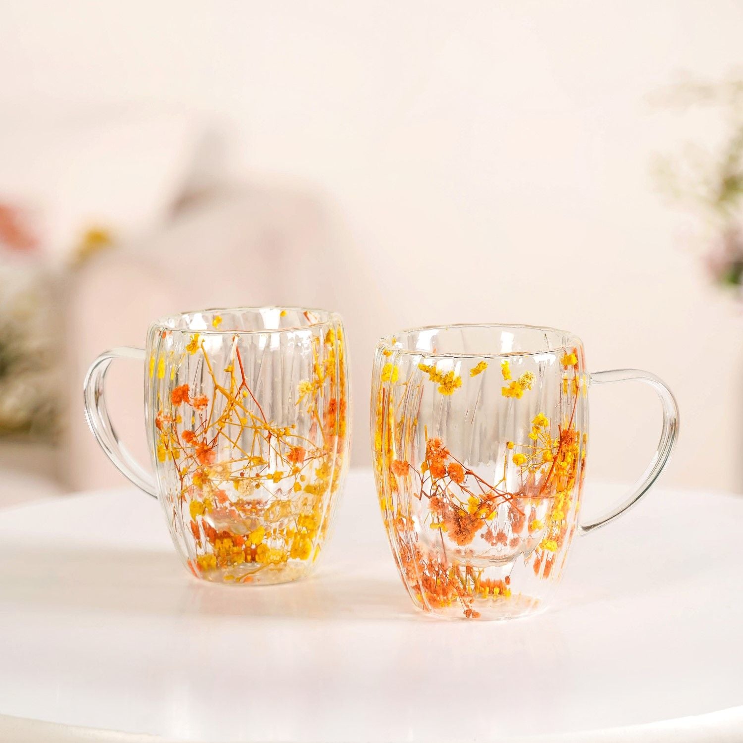 Double Walled Ribbed Spring Bloom Mug Set Of 2 350ml