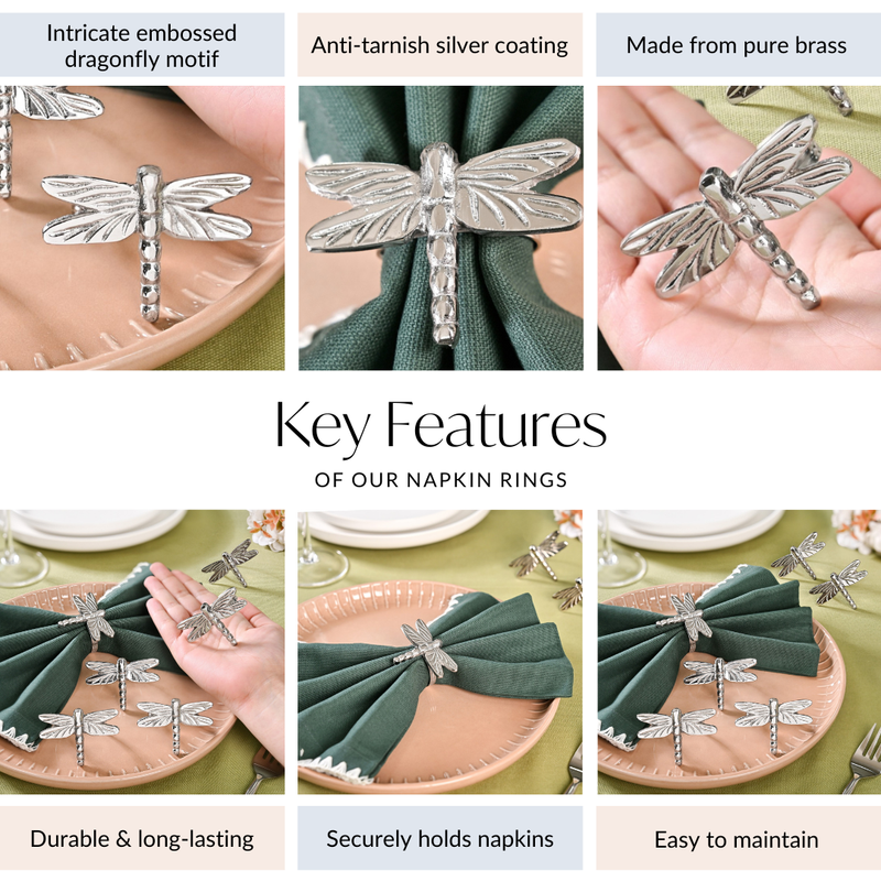 Dragonfly Pure Brass Napkin Ring With Silver Polish Set Of 6