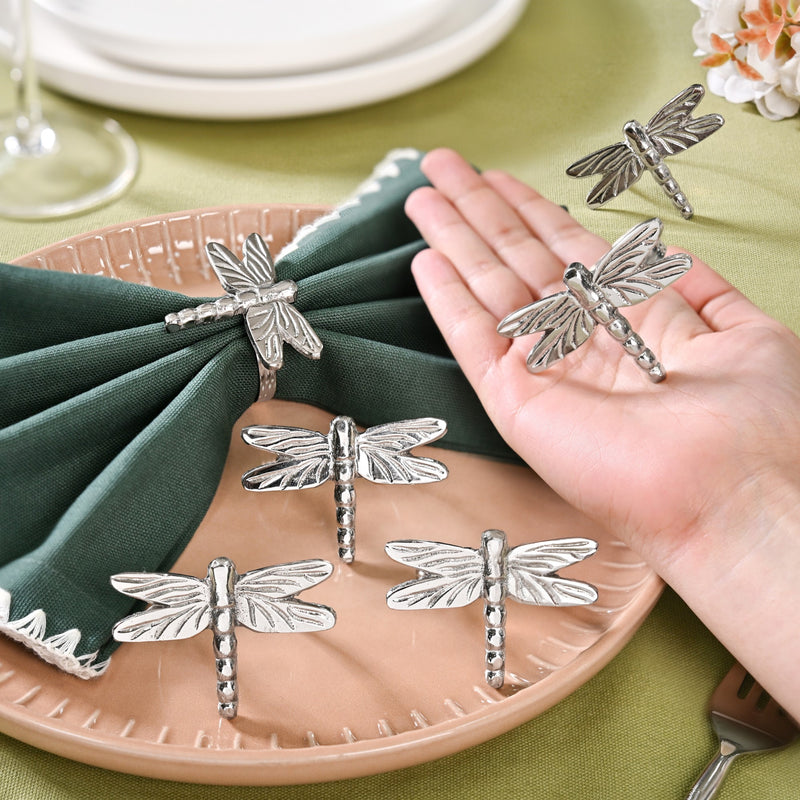 Dragonfly Pure Brass Napkin Ring With Silver Polish Set Of 6