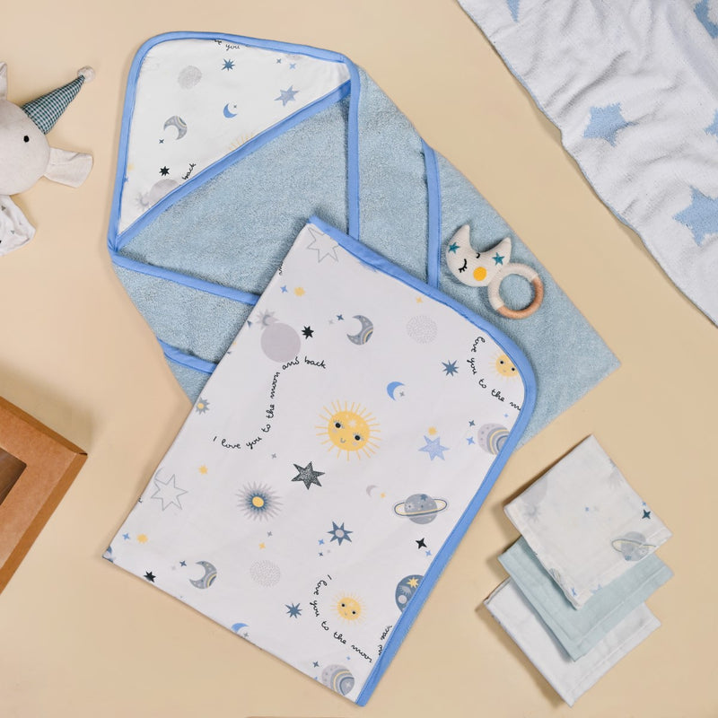 Dreamy Baby Gift Hamper With Swaddle Towel Napkin Rattle Set Of 6