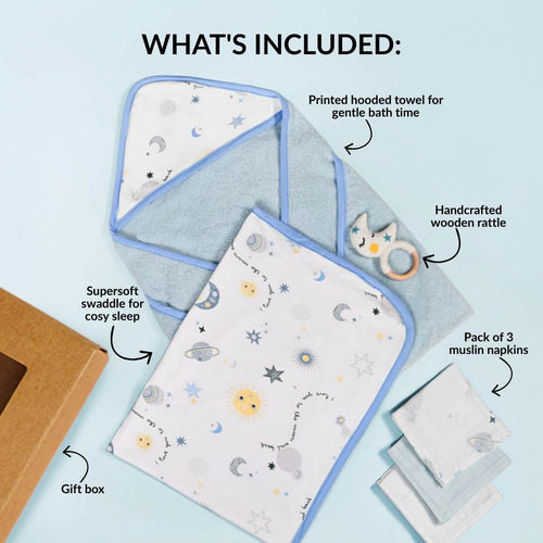 Dreamy Baby Gift Hamper With Swaddle Towel Napkin Rattle Set Of 6