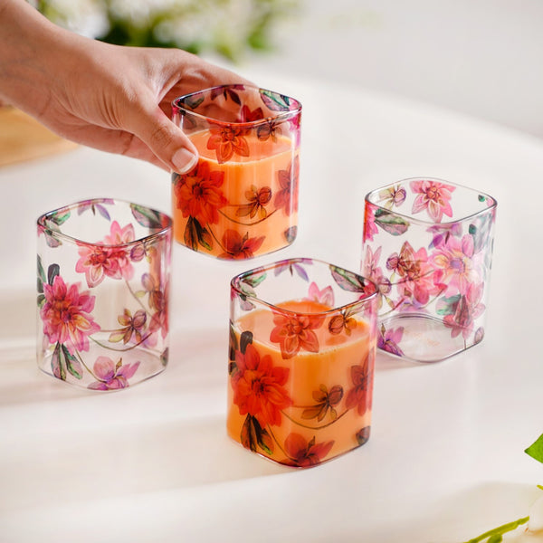 Pink Lotus Square Borosilicate Glass Tumbler Set Of 4 230ml