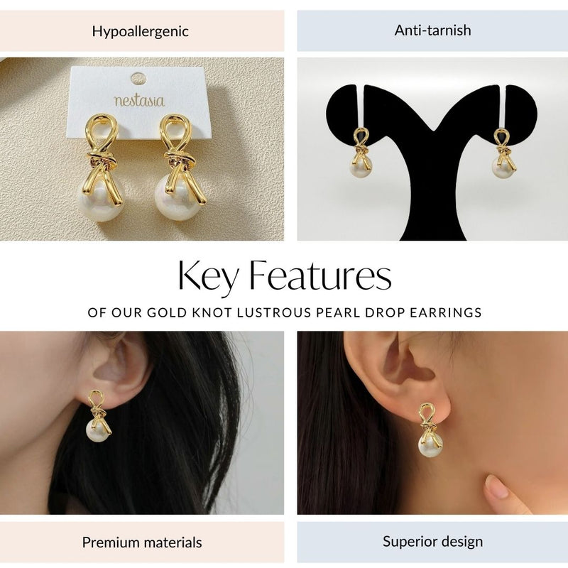 Gold Knot Lustrous Pearl Drop Earrings