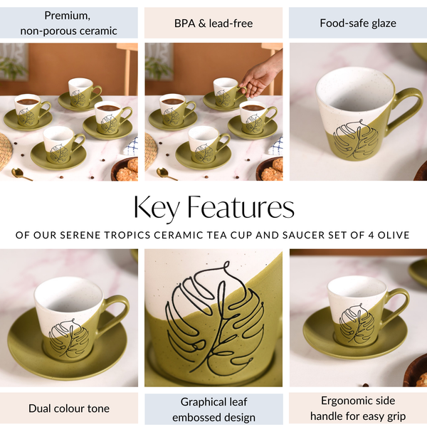 Serene Tropics Ceramic Tea Cup And Saucer Set Of 4 Olive 225ml