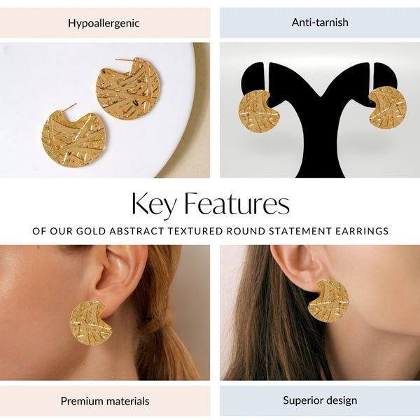 Gold Abstract Textured Round Statement Earrings