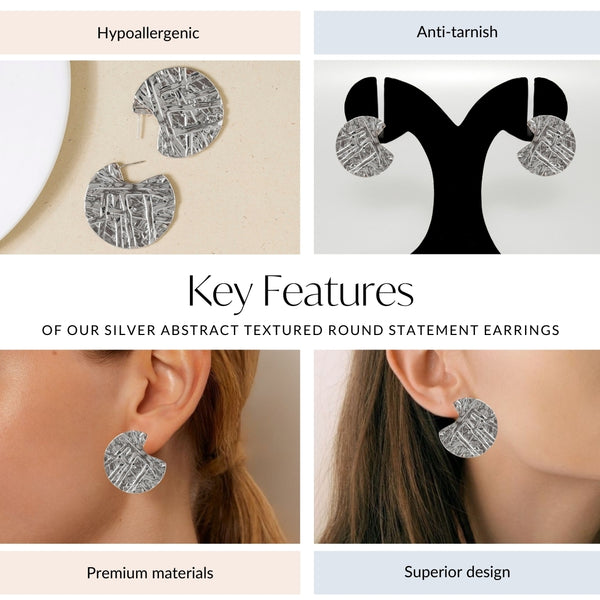 Silver Abstract Textured Round Statement Earrings