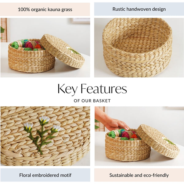Kauna Round Basket With Lid – Handmade Box With Floral Embroidery