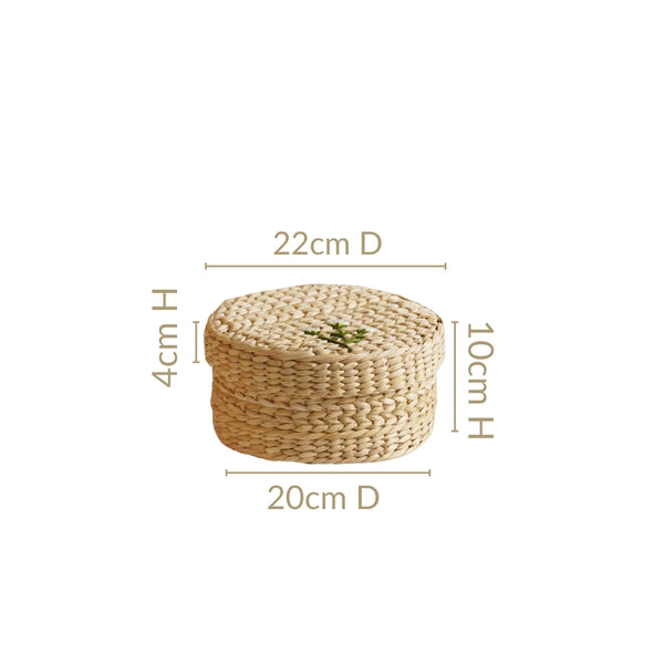 Kauna Round Basket With Lid – Handmade Box With Floral Embroidery