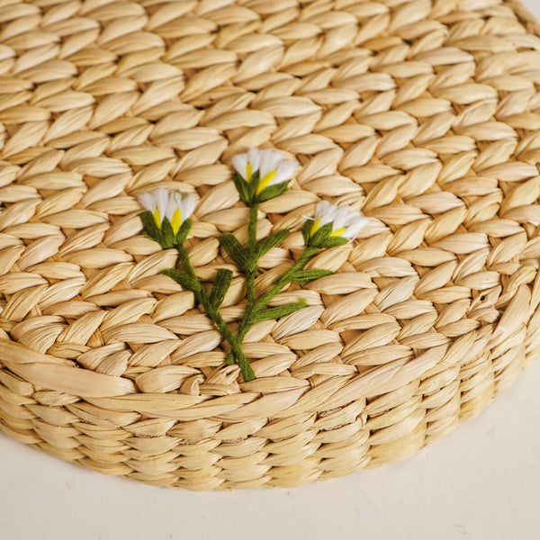Kauna Round Basket With Lid – Handmade Box With Floral Embroidery