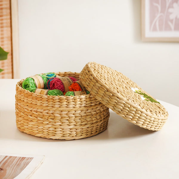 Kauna Round Basket With Lid – Handmade Box With Floral Embroidery