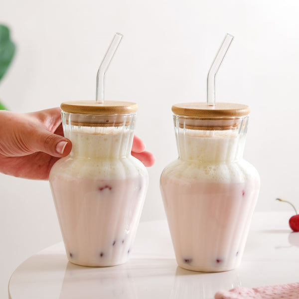 Milkshake Glass Tumbler With Lid And Straw Set Of 2 450ml