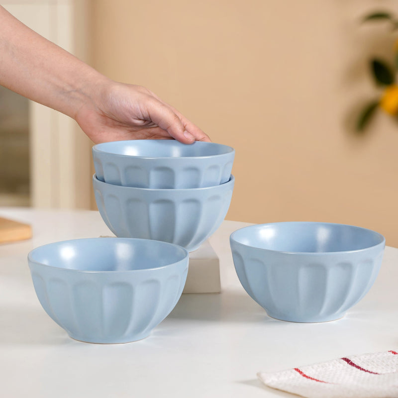 Embossed Baby Blue Ceramic Bowl Set Of 4 580ml