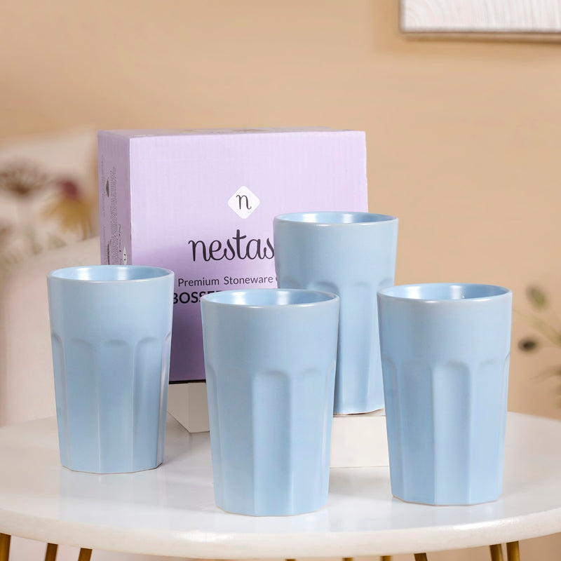 Embossed Baby Blue Ceramic Tumbler Set Of 4 380ml