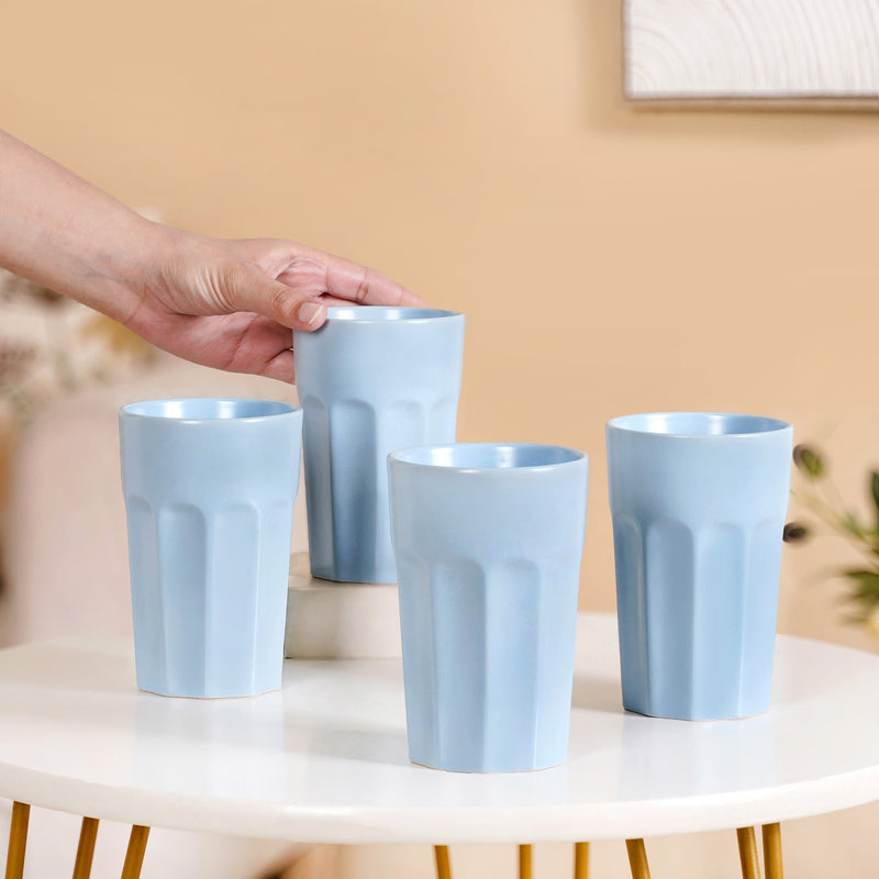 Embossed Baby Blue Ceramic Tumbler Set Of 4 380ml