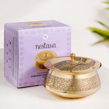 Embossed Brass Cooking Pot With Lid 1600ml