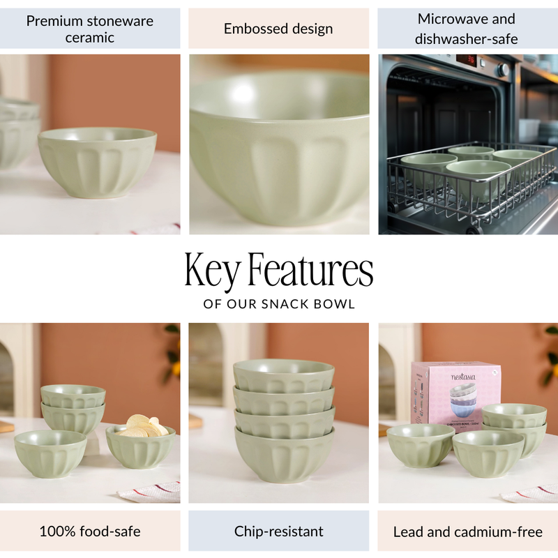 Embossed Ceramic Sage Green Bowl Set Of 4 580ml
