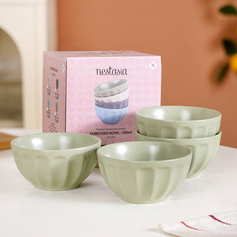 Embossed Ceramic Sage Green Bowl Set Of 4 580ml