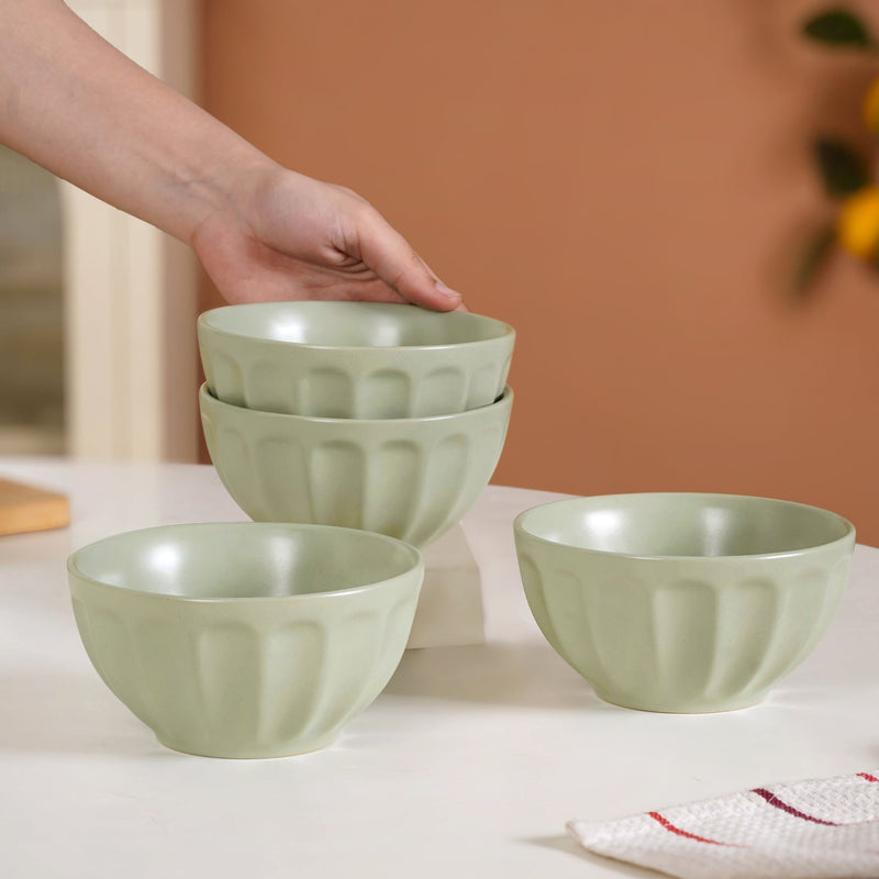Embossed Ceramic Sage Green Bowl Set Of 4 580ml