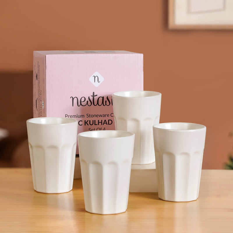 Embossed Ceramic Tea Cup Set Of 4 White 200ml