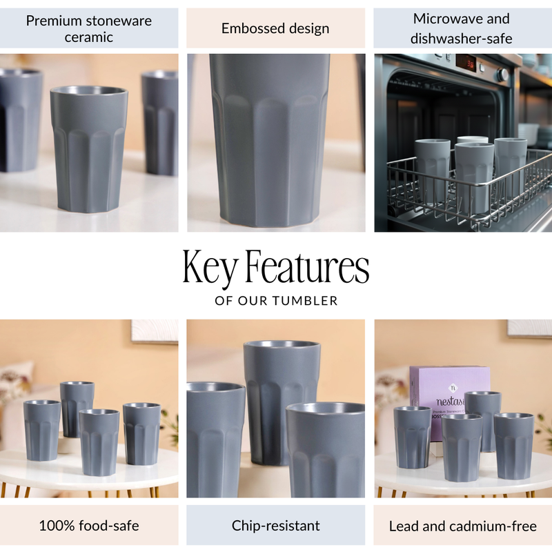 Embossed Cool Grey Ceramic Tumbler Set Of 4 380ml