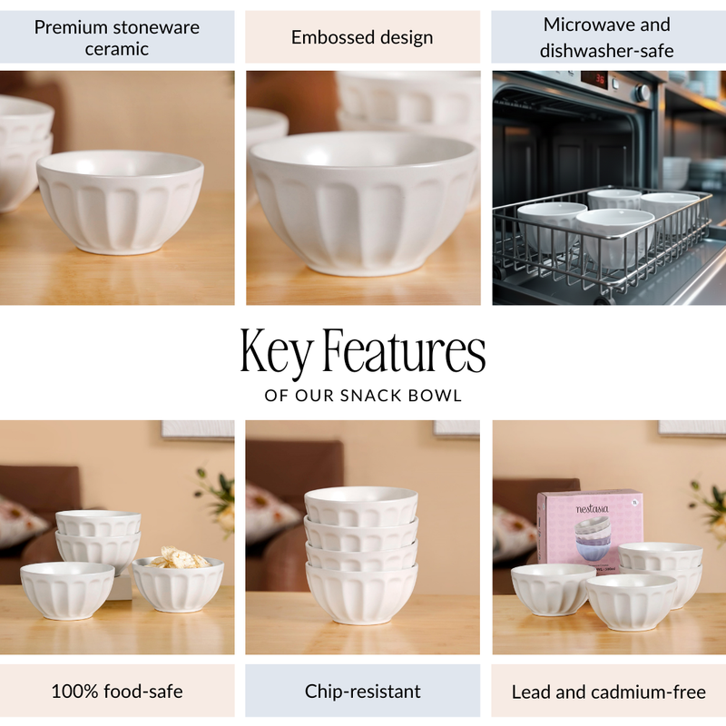 Embossed Cream Ceramic Bowl Set Of 4 580ml