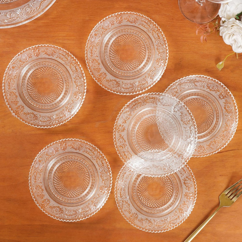 Embossed Glass Dessert Plate Set Of 6 Small 15cm