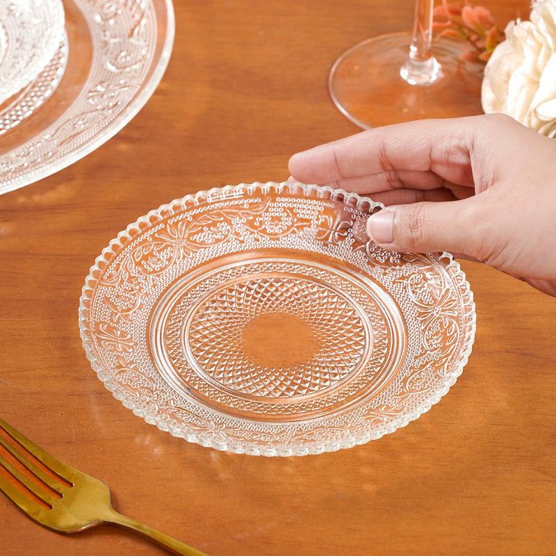 Embossed Glass Dessert Plate Set Of 6 Small 15cm