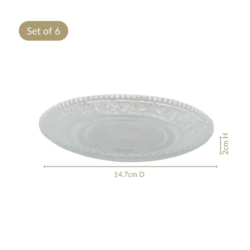 Embossed Glass Dessert Plate Set Of 6 Small 15cm